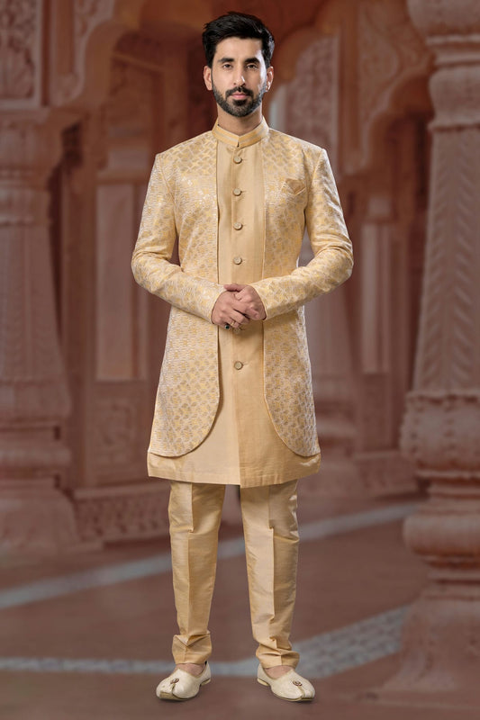 Lemon Yellow Colour Jacquard and Silk Dhupion Sherwani VSSH1040571
