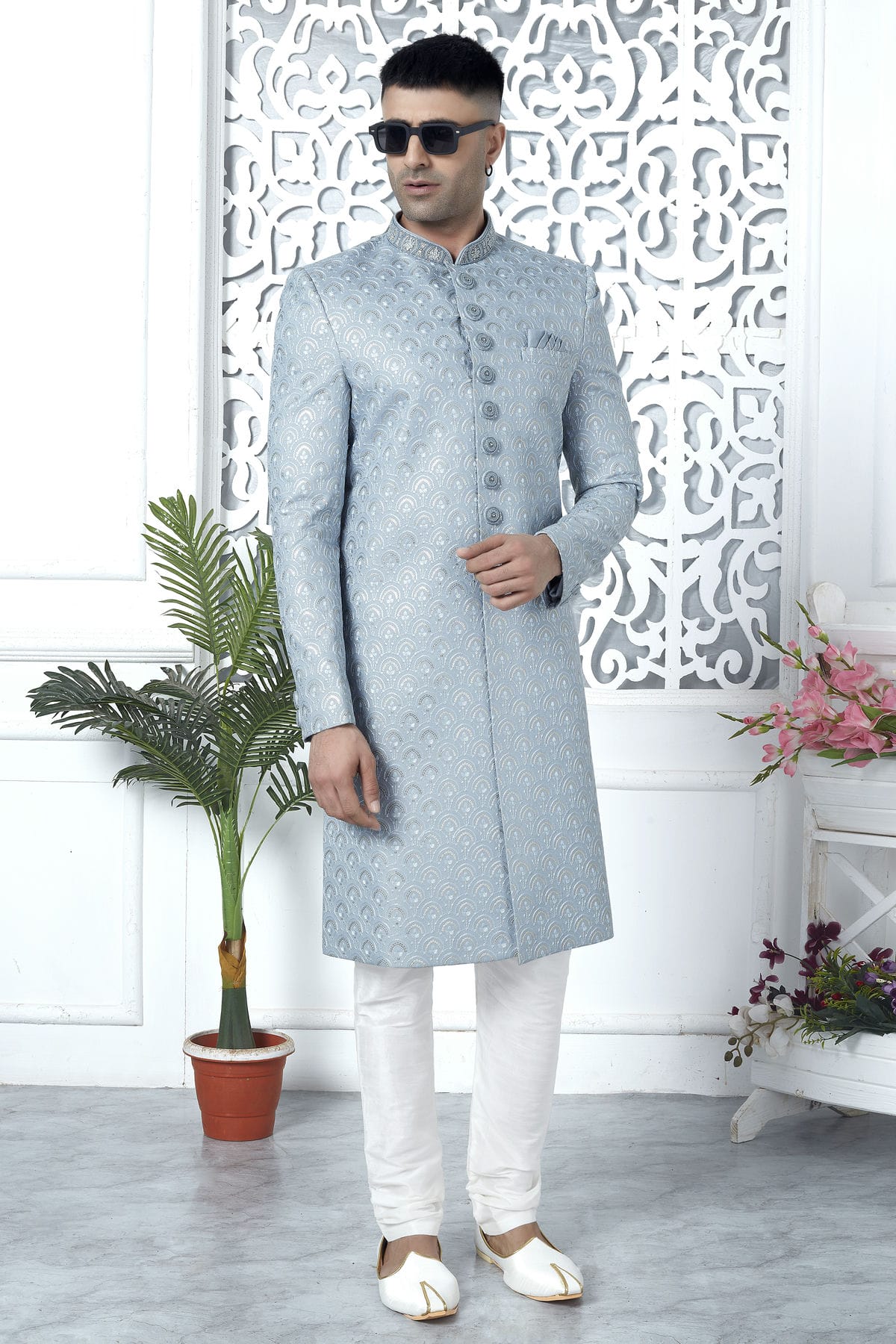 Light Blue Colour Art Silk Sherwani With Churidar Pant VSSH1230060
