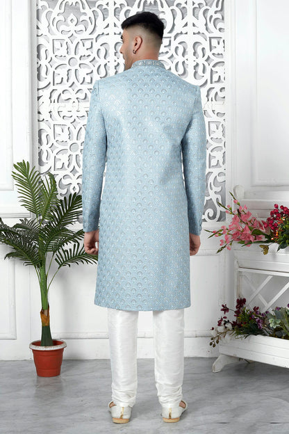 Light Blue Colour Art Silk Sherwani With Churidar Pant VSSH1230060