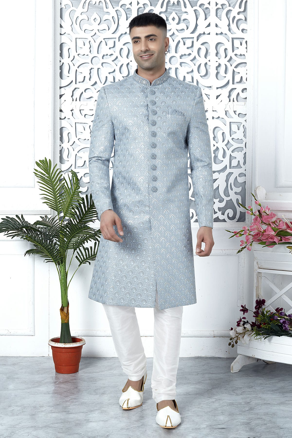 Light Blue Colour Art Silk Sherwani With Churidar Pant