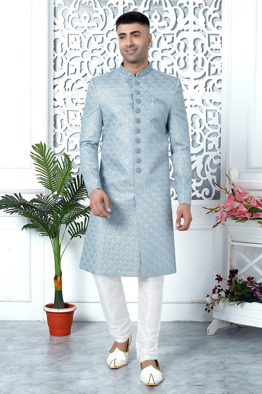 Light Blue Colour Art Silk Sherwani With Churidar Pant