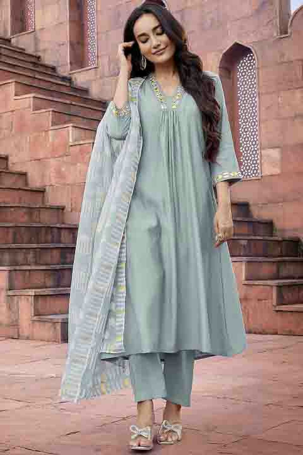 Light Blue Colour Roman Silk Stitched Pant Style Suit VSSS1113904