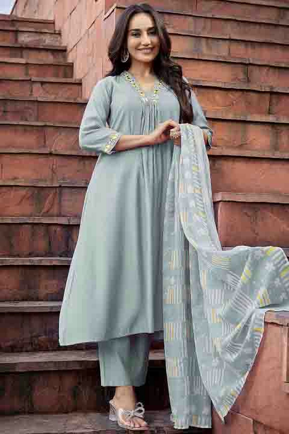 Light Blue Colour Roman Silk Stitched Pant Style Suit VSSS1113904
