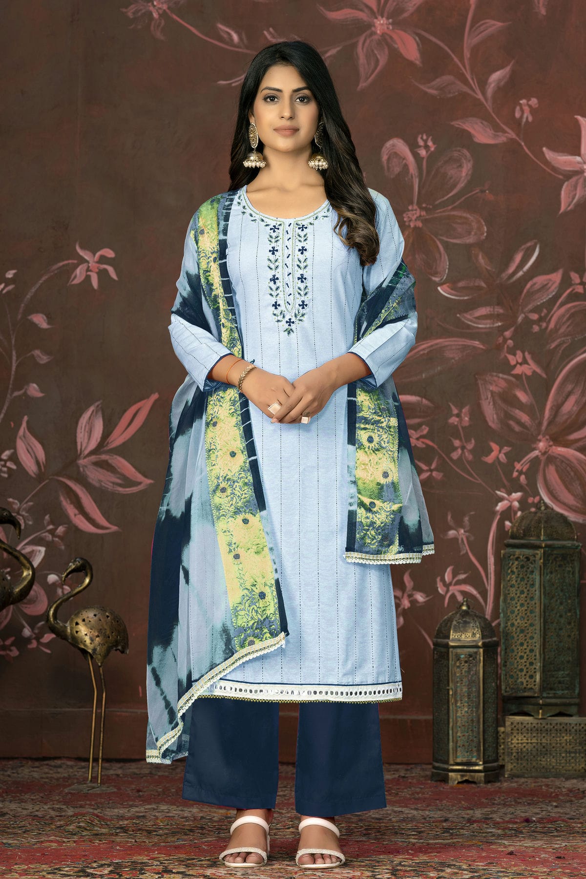 Light Blue Colour Unstitched Cambric Cotton Plazzo Pant Suit