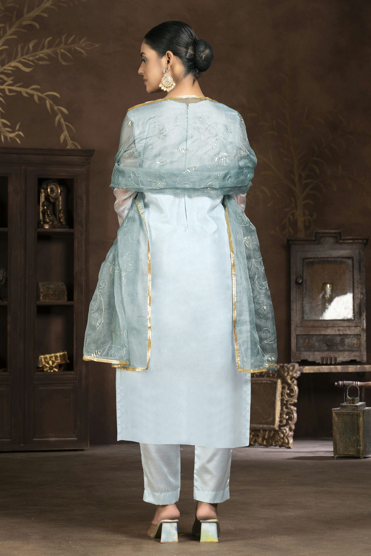 Light Blue Colour Unstitched Organza Pant Style Suit VSUS1160835