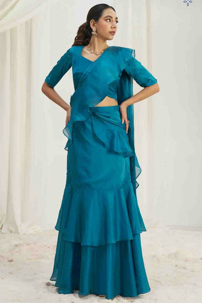 Light Blue Organza Hand Work Ready To Wear Saree VSSD1080977