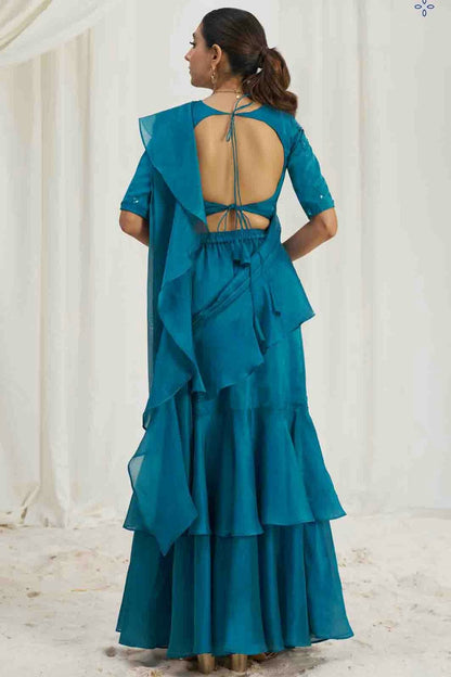 Light Blue Organza Hand Work Ready To Wear Saree VSSD1080977