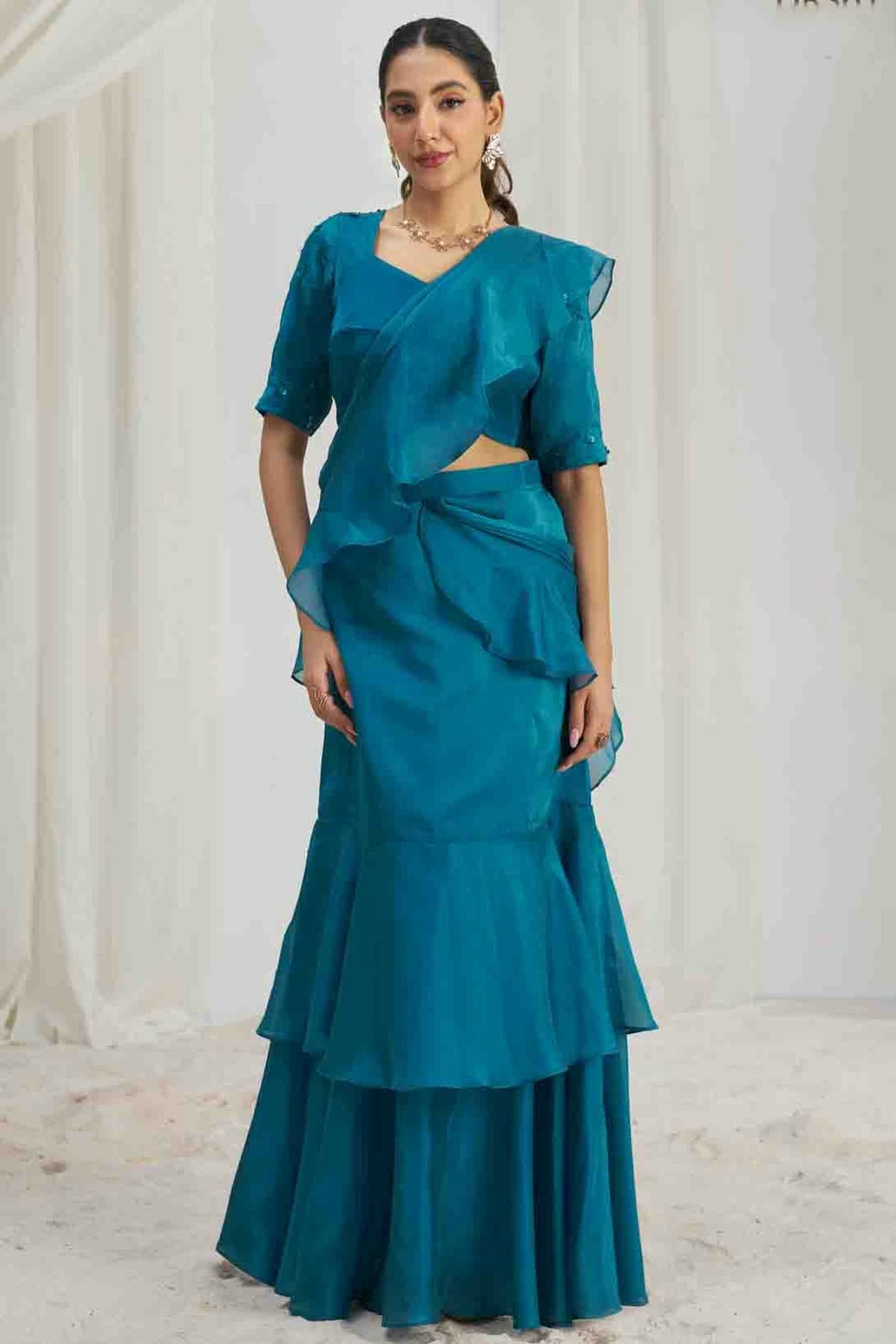 Light Blue Organza Hand Work Ready To Wear Saree VSSD1080977