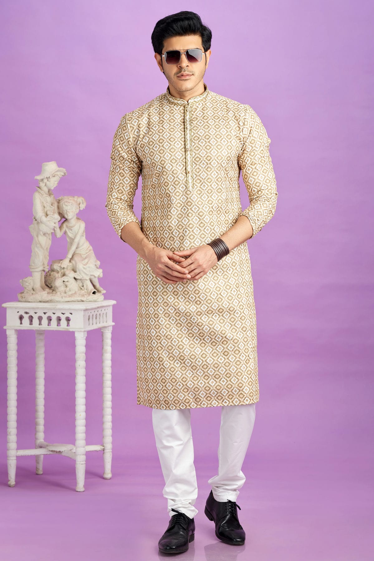 Light Brown Colour Cotton Pintex Work Kurta Pajama VSKP1230189