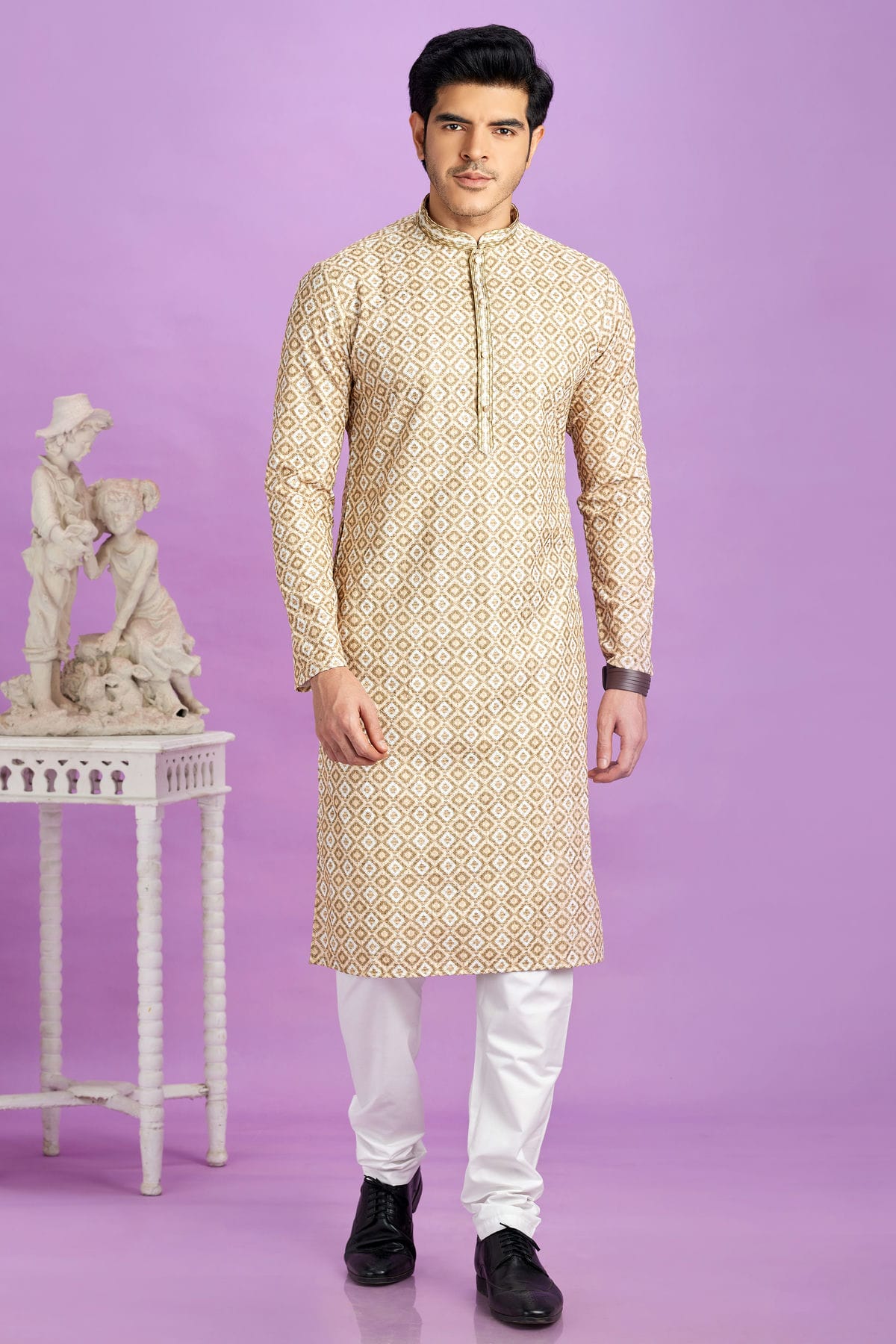 Light Brown Colour Cotton Pintex Work Kurta Pajama