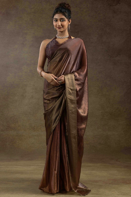 Light Brown Colour Fendi Satin Silk Ready To Wear Saree VSSD1122023