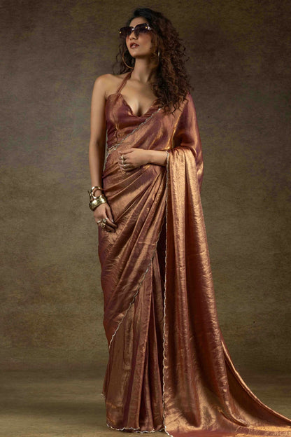 Light Brown Colour Fendi Satin Silk Ready To Wear Saree VSSD1122024