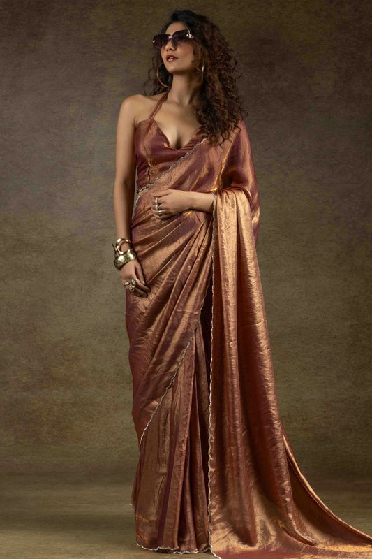 Light Brown Colour Fendi Satin Silk Ready To Wear Saree VSSD1122024