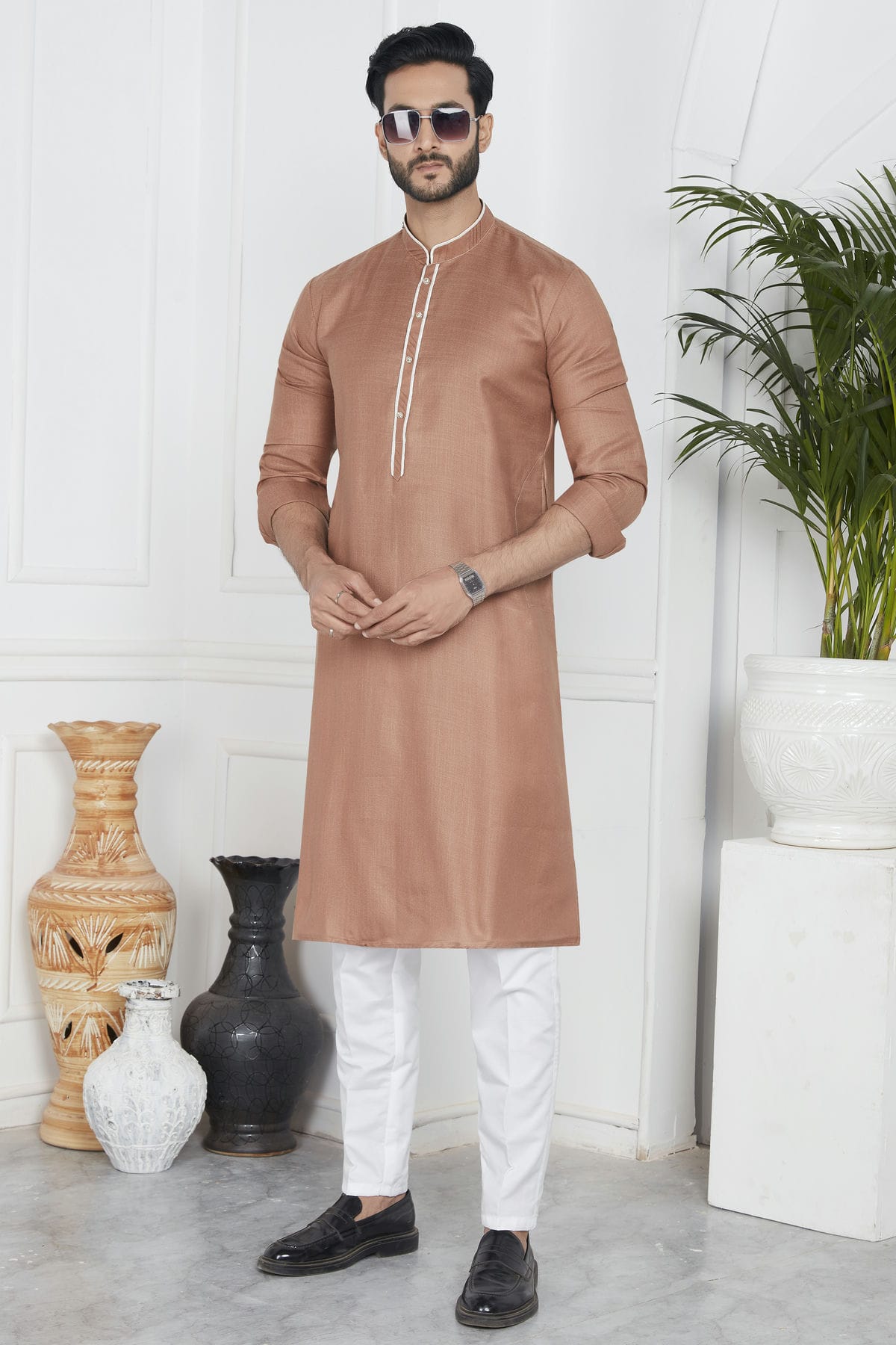 Light Brown Colour Linen Cotton Pintex Work Kurta Pajama VSKP1230132