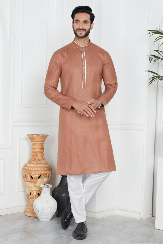 Light Brown Colour Linen Cotton Pintex Work Kurta Pajama