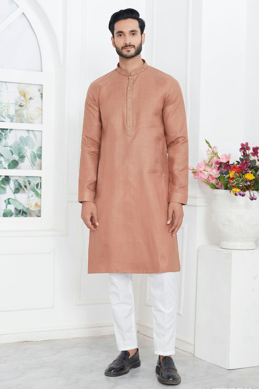 Light Brown Colour Linen Cotton Thread Work Kurta Pajama