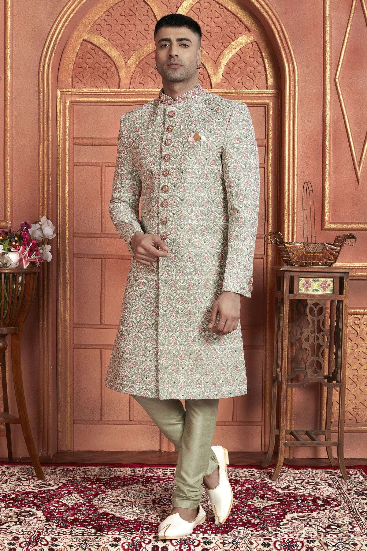 Light Green Colour Art Silk Sherwani With Churidar Pant VSSH1230047