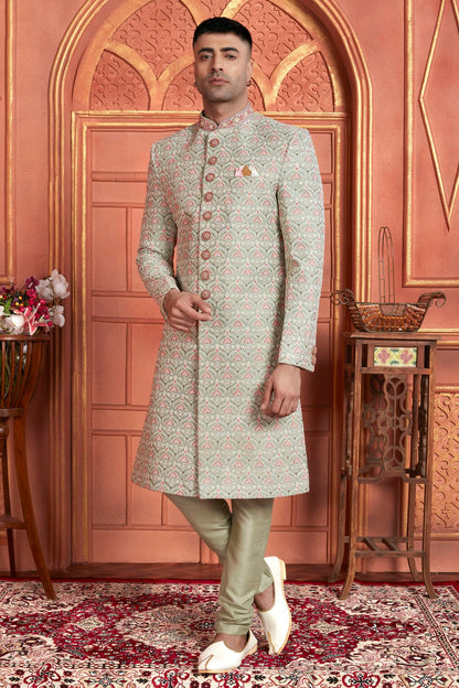 Light Green Colour Art Silk Sherwani With Churidar Pant VSSH1230047