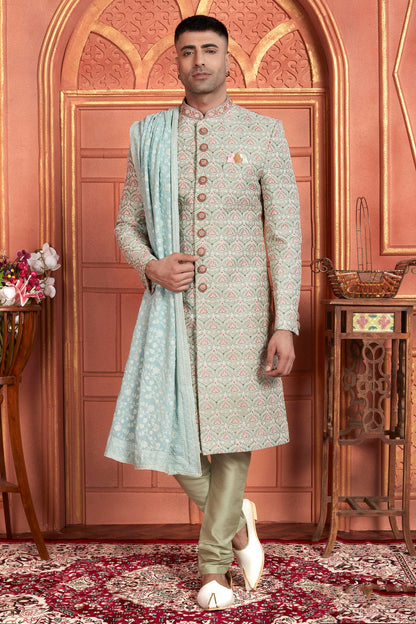 Light Green Colour Art Silk Sherwani With Churidar Pant