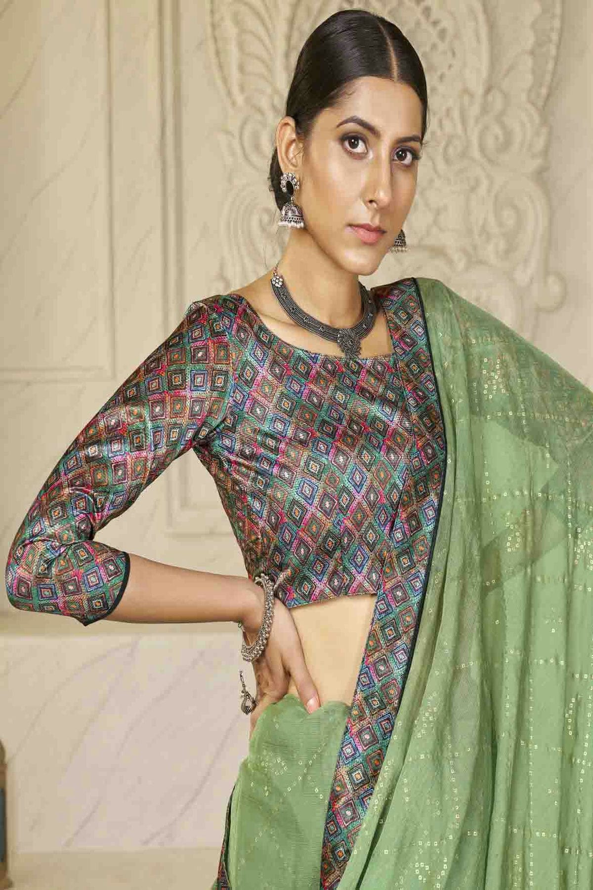 Light Green Colour Chiffon Digital Foil Printed Designer Saree VSSD1113611