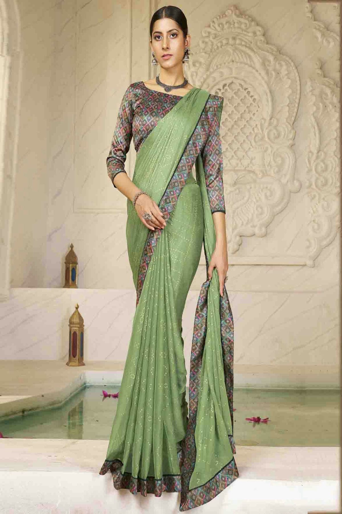 Light Green Colour Chiffon Digital Foil Printed Designer Saree VSSD1113611