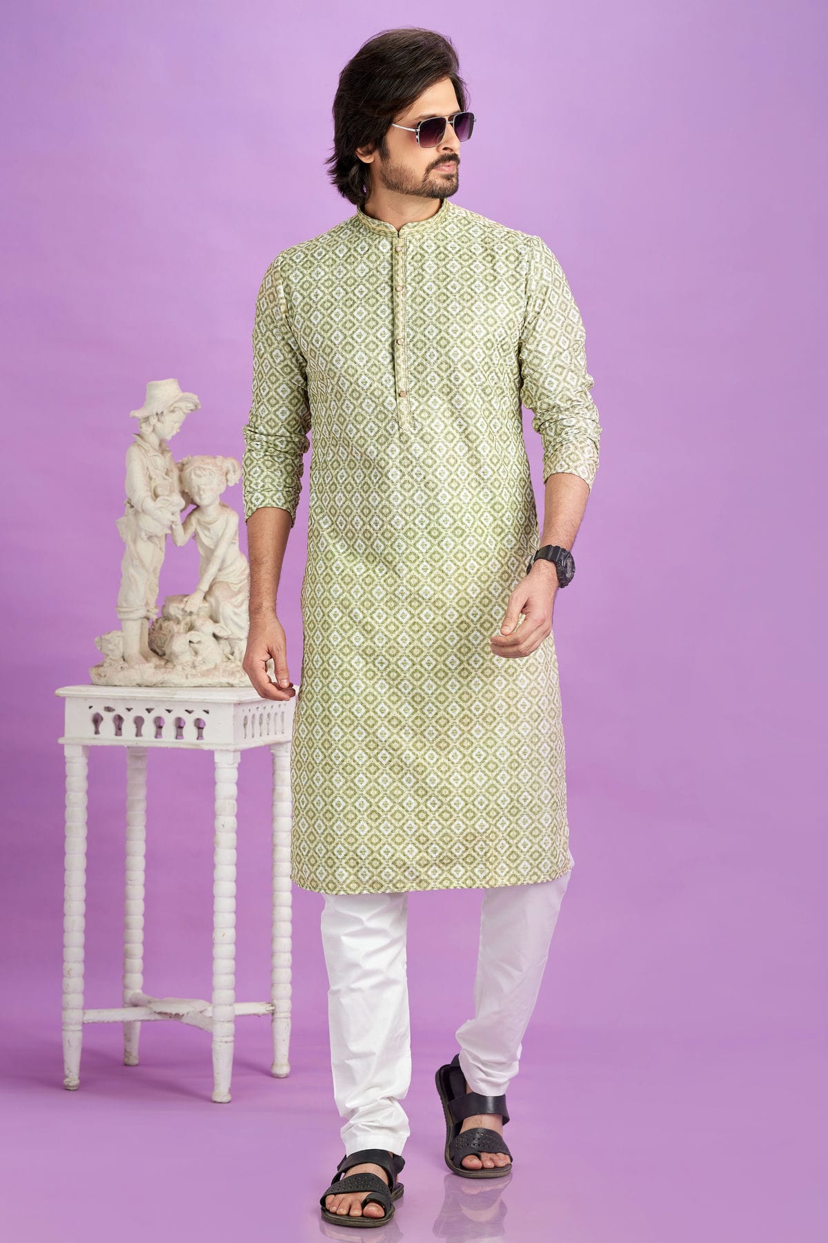 Light Green Colour Cotton Pintex Work Kurta Pajama VSKP1230188