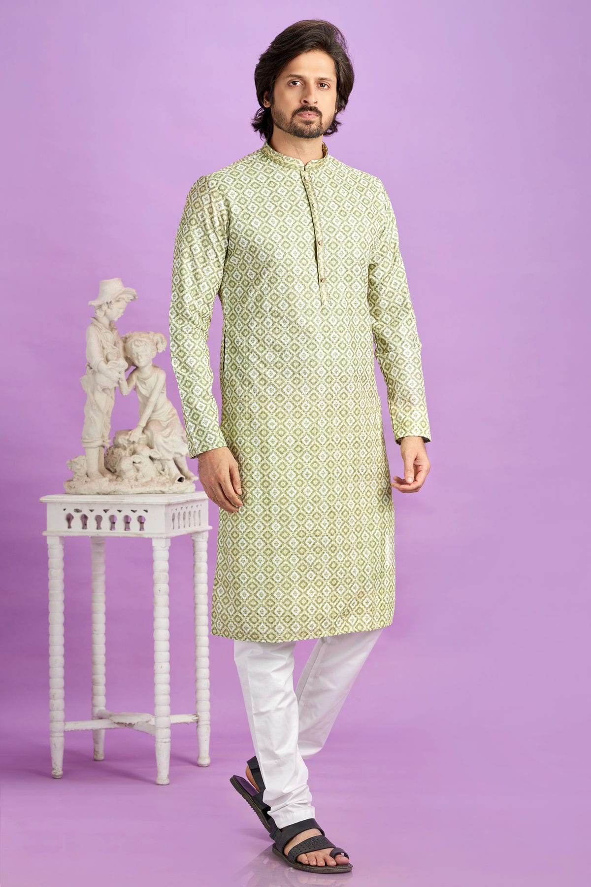 Light Green Colour Cotton Pintex Work Kurta Pajama