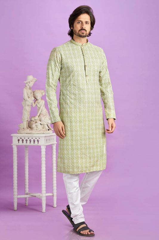 Light Green Colour Cotton Pintex Work Kurta Pajama