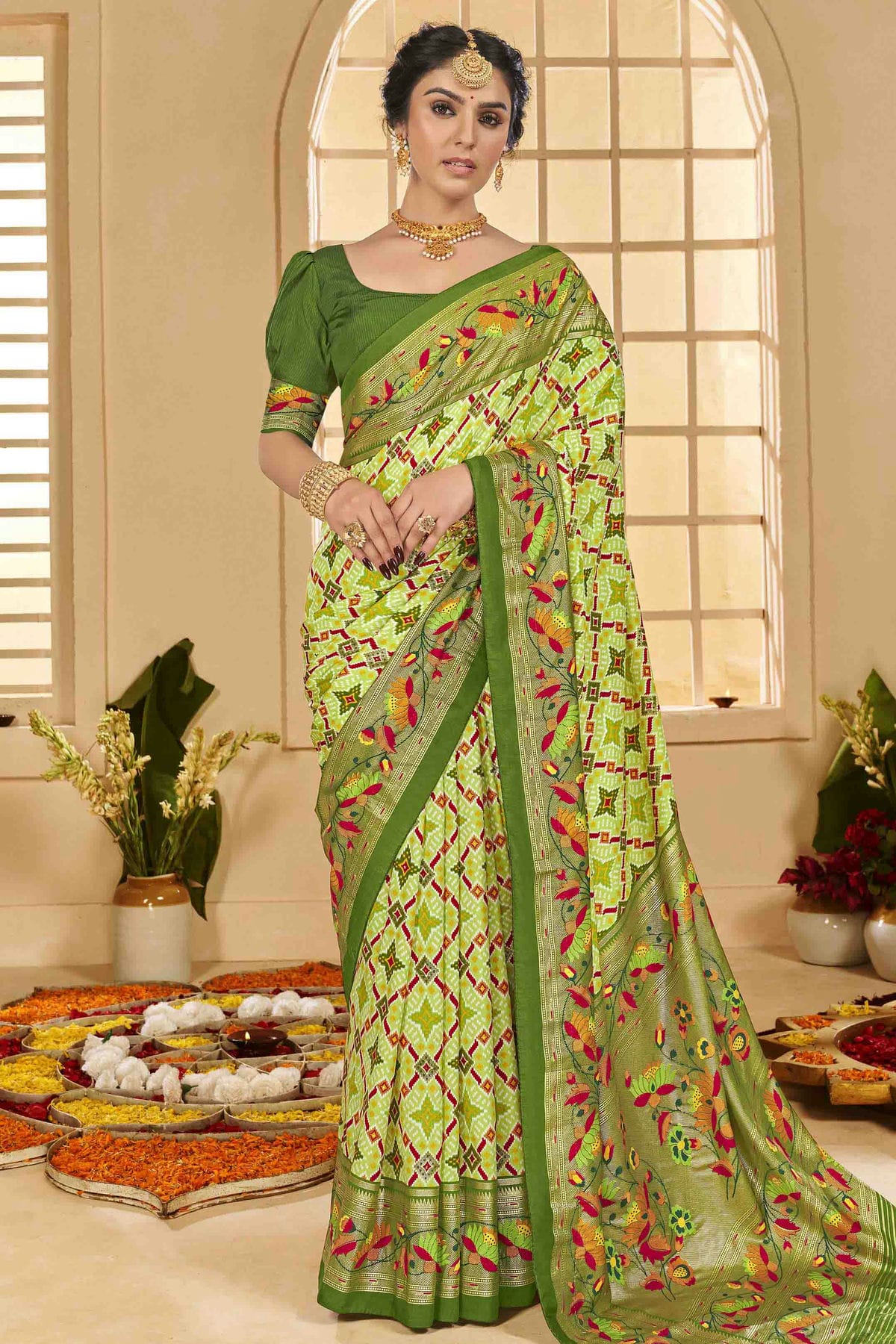 Light Green Colour Cotton Silk Ikkat Printed Traditional Saree VSSD1113588