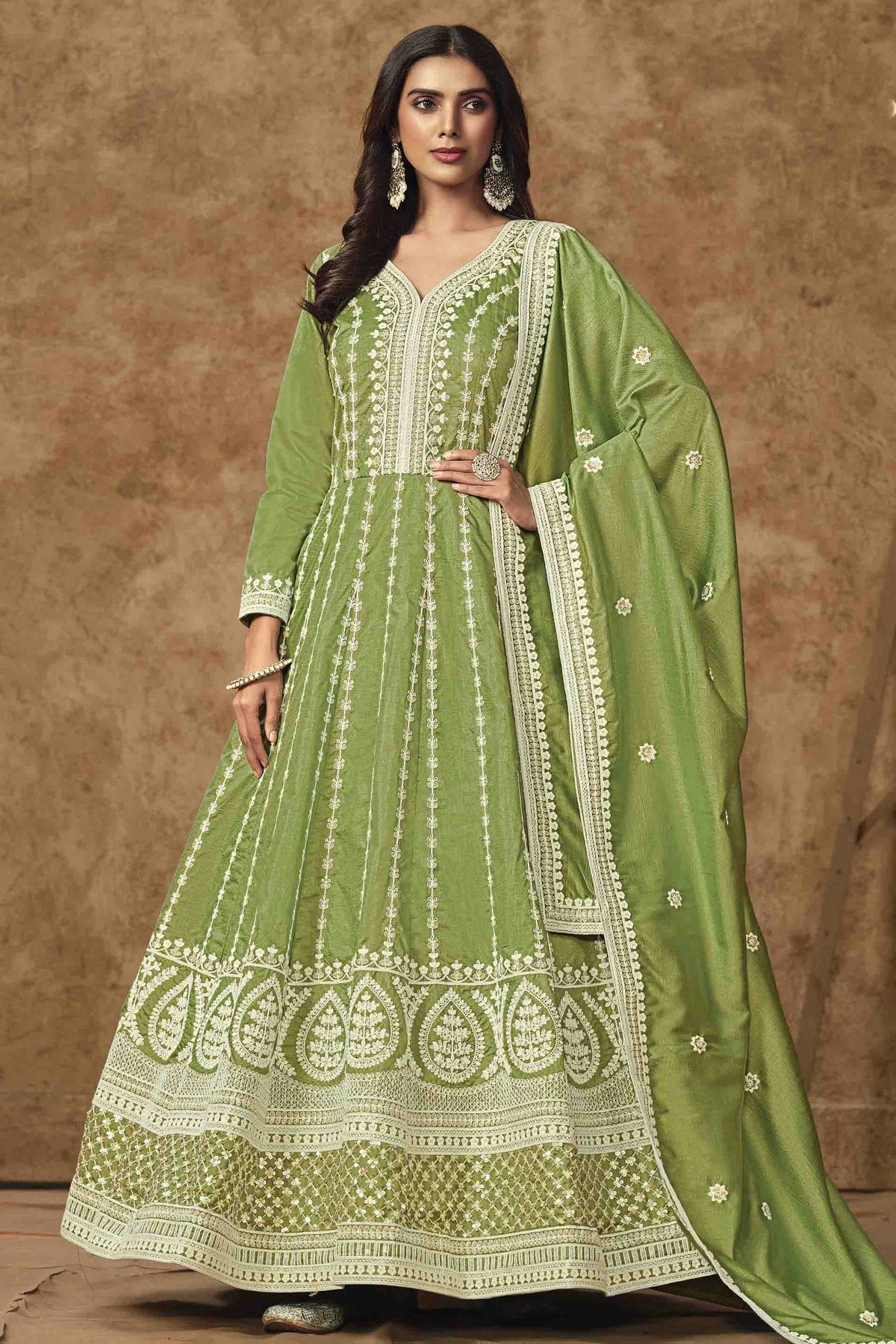 Light Green Colour Dola Silk Semi Stitched Anarkali Suit VSSM1050702