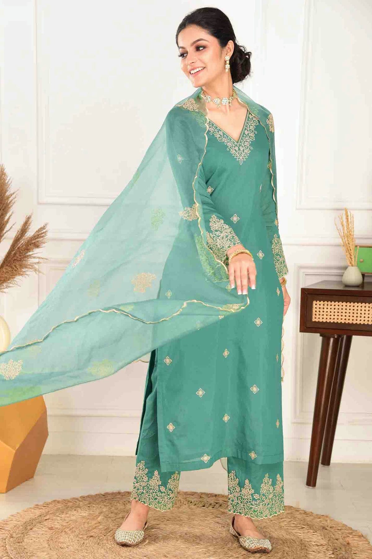 Light Green Colour Embroidery Viscose Chanderi Pant Style Suit VSSS1113488