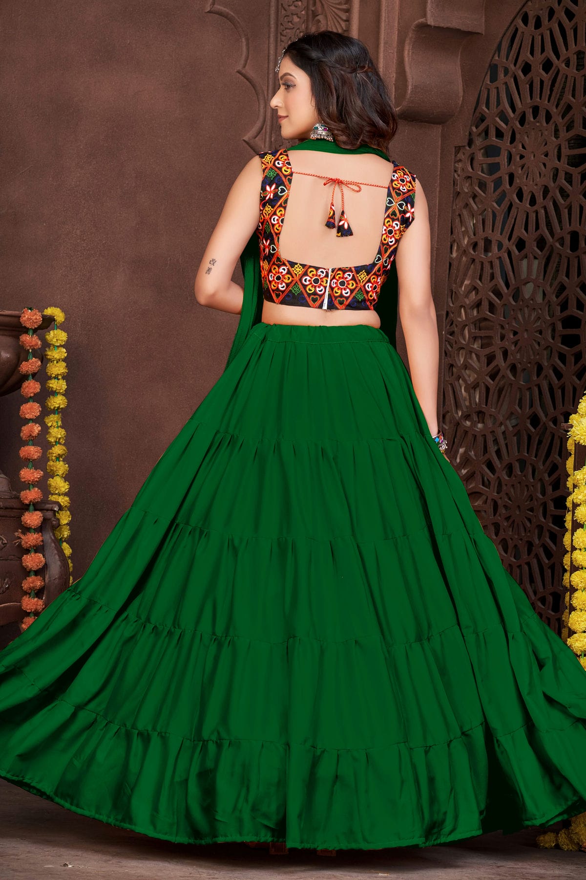 Light Green Colour Embroidery Work French Crepe Navratri Lehenga VSLD1170007