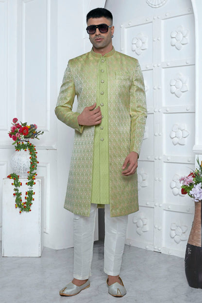 Light Green Colour Jacquard Silk Indowestern Sherwani With Aligadhi Pant VSSH1230030