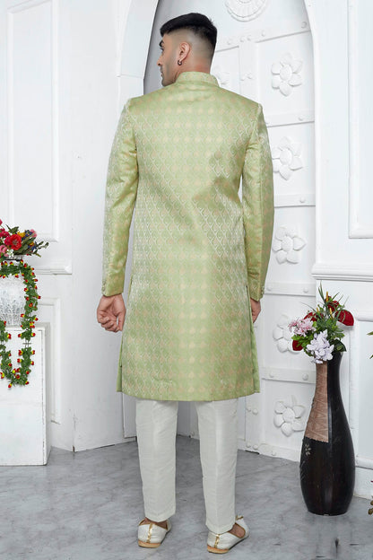 Light Green Colour Jacquard Silk Indowestern Sherwani With Aligadhi Pant VSSH1230030