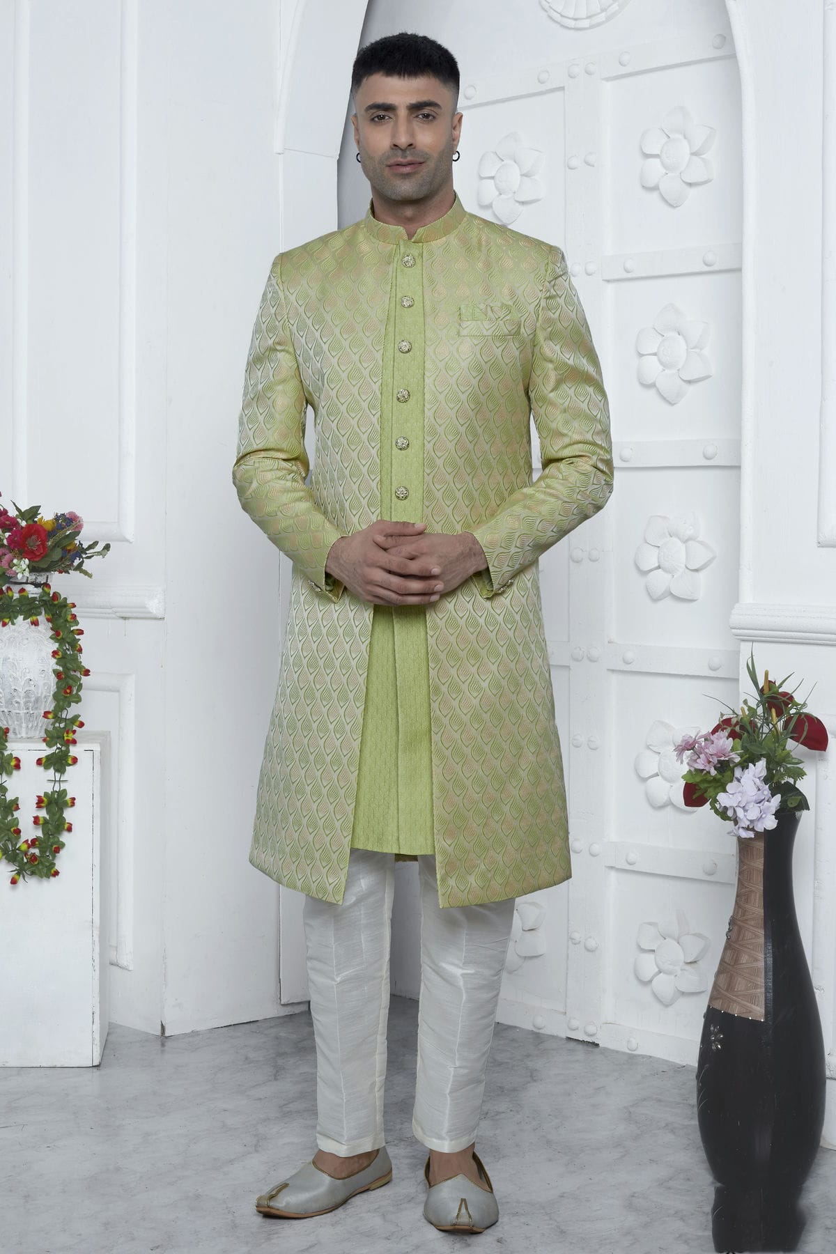 Light Green Colour Jacquard Silk Indowestern Sherwani With Aligadhi Pant