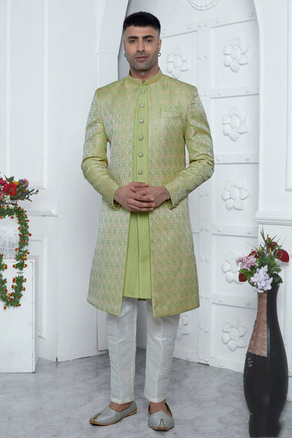 Light Green Colour Jacquard Silk Indowestern Sherwani With Aligadhi Pant