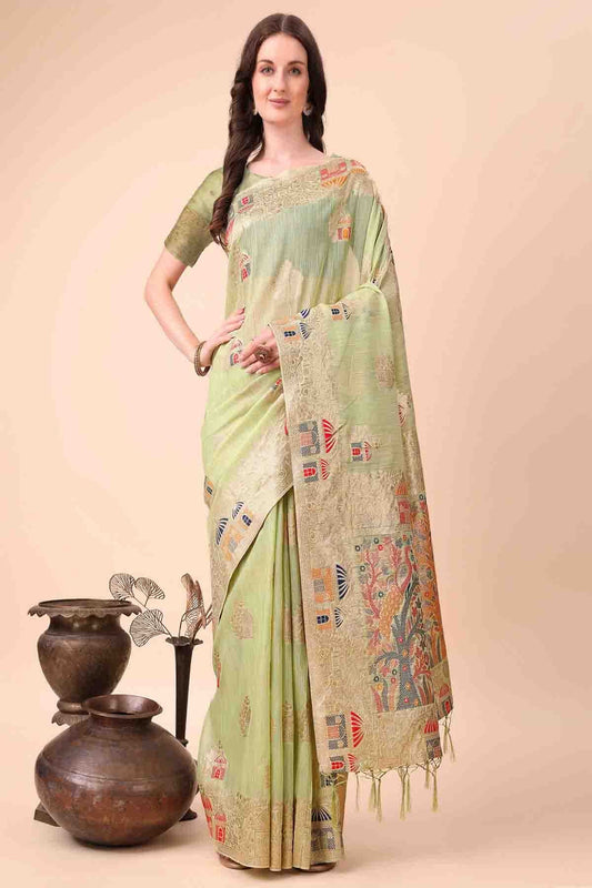Light Green Colour Linen Cotton Woven Traditional Sarees VSSD1113735