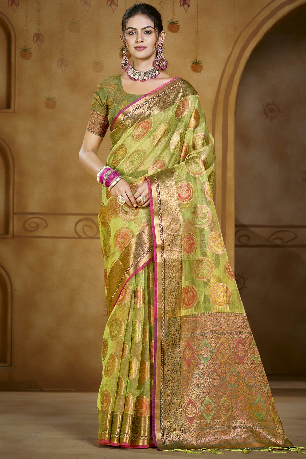 Light Green Colour Organza Woven Work Traditional Saree