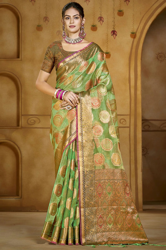 Light Green Colour Organza Woven Work Traditional Saree