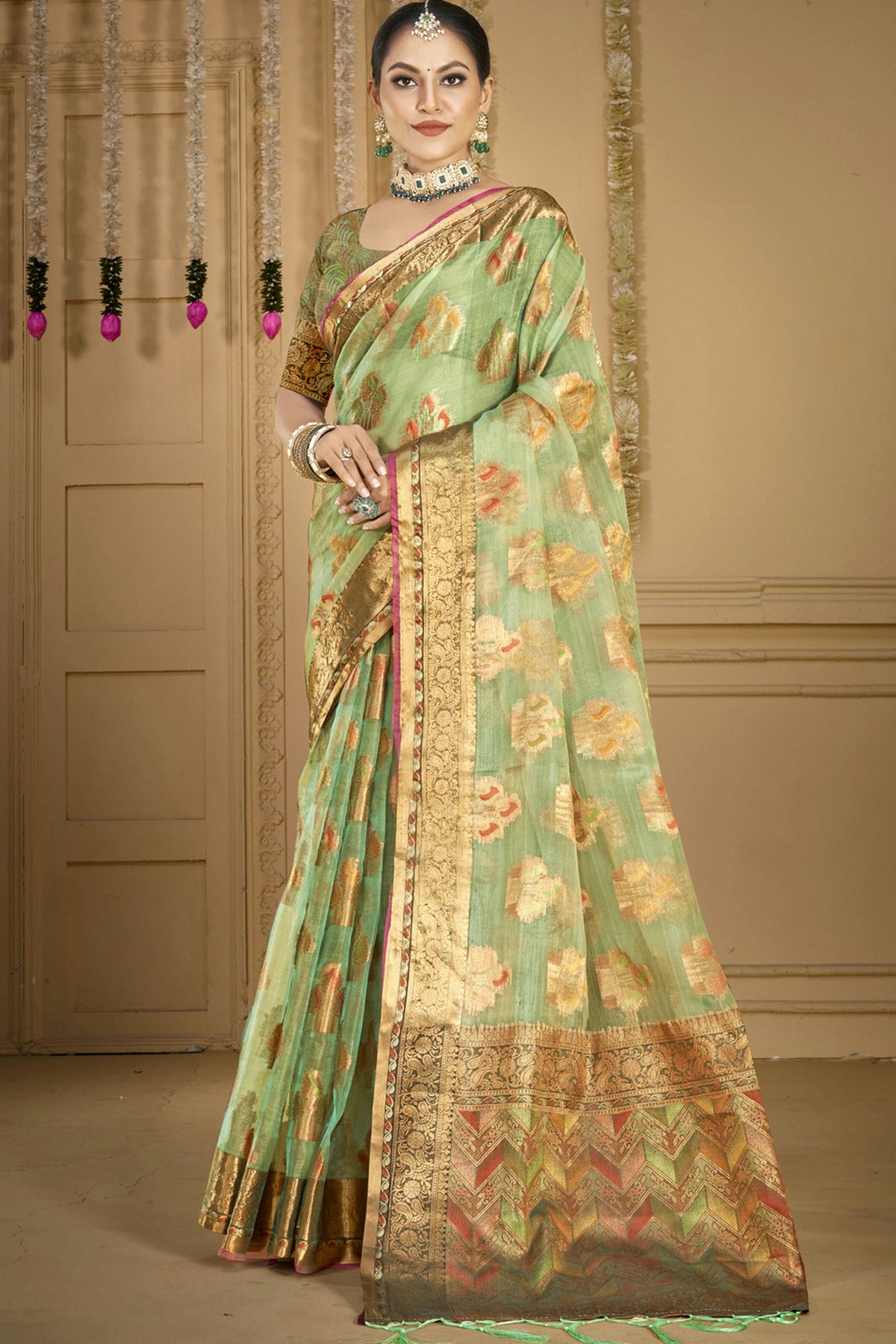 Light Green Colour Organza Woven Work Traditional Saree