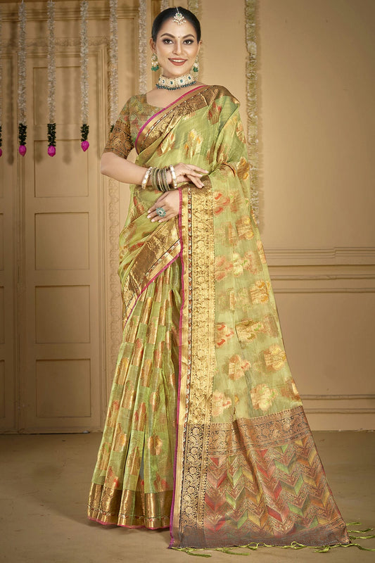 Light Green Colour Organza Woven Work Traditional Saree