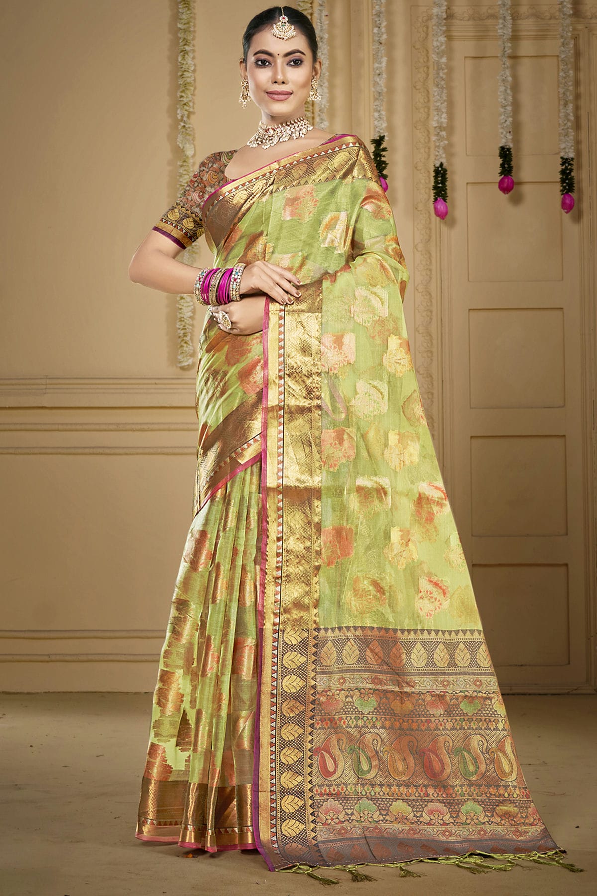 Light Green Colour Organza Woven Work Traditional Saree