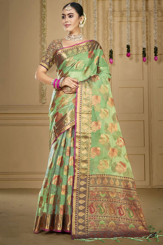 Light Green Colour Organza Woven Work Traditional Saree