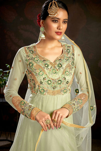 Light Green Colour Semi Stitched Butterfly Net Anarkali Suit VSSM1140150