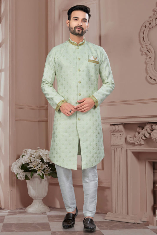 Light Green Colour Silk Dupion Sherwani