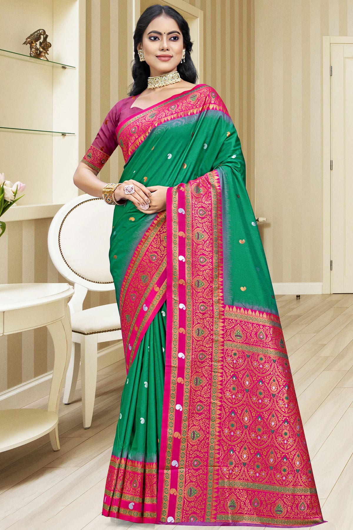 Light Green Colour Silk Woven Work Traditional Saree