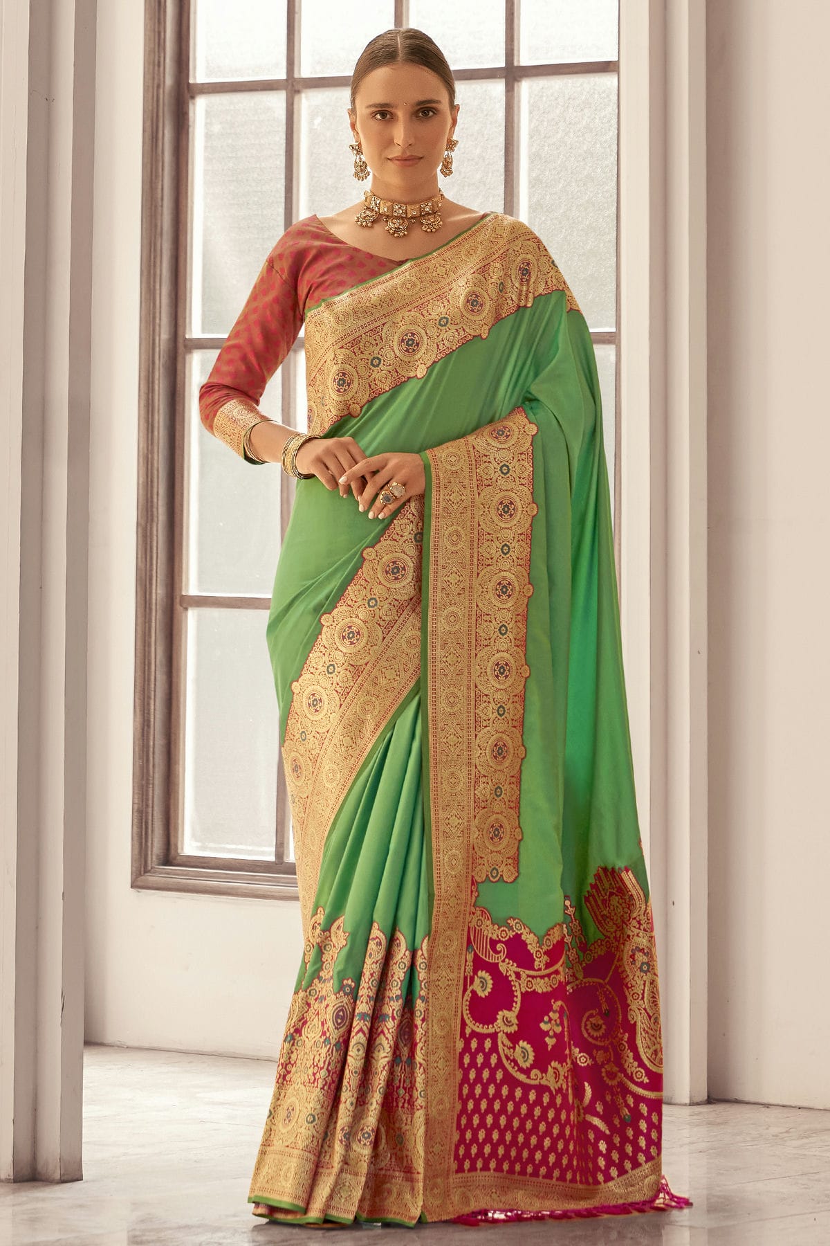 Light Green Colour Soft Silk Woven Work Saree