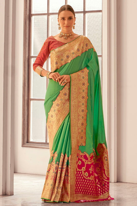 Light Green Colour Soft Silk Woven Work Saree