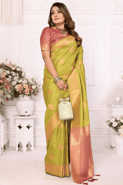 Light Green Colour Woven Work Lichi Soft Silk Traditional Saree