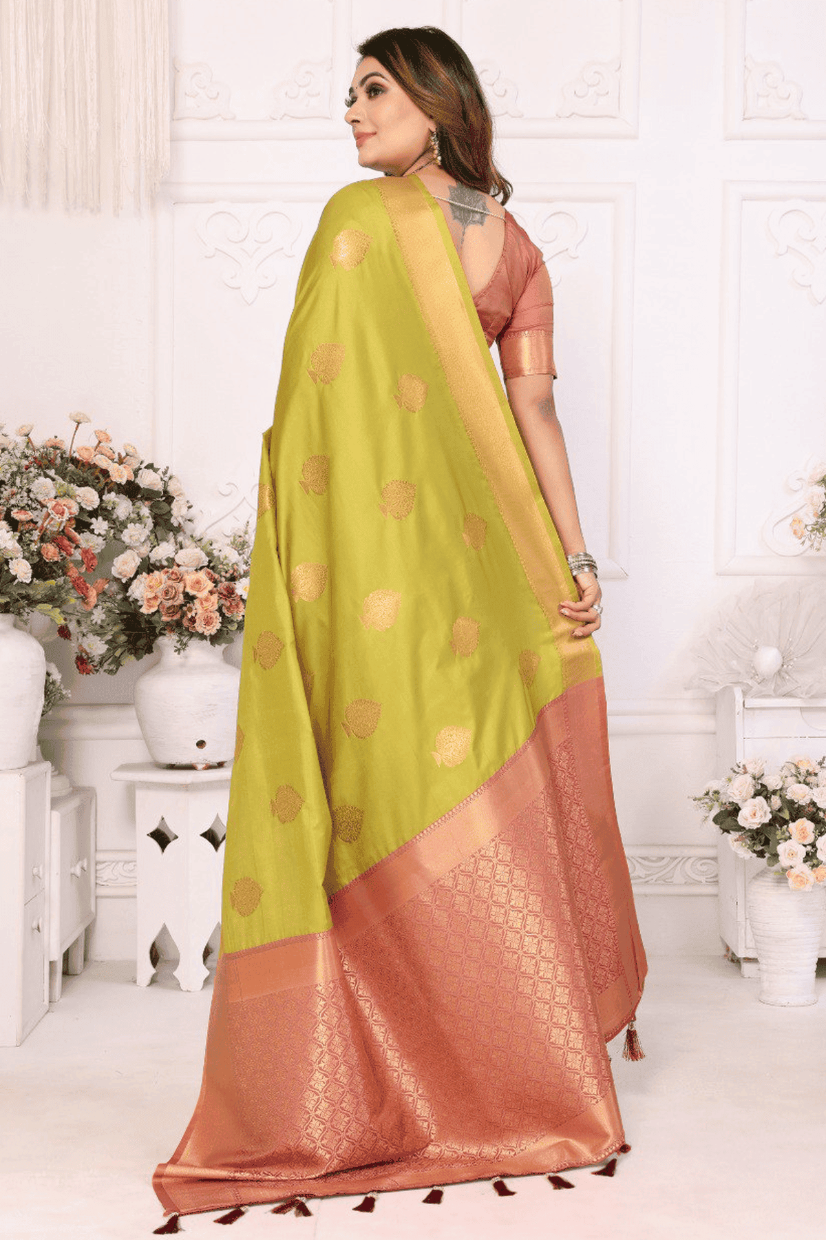 Light Green Colour Woven Work Lichi Soft Silk Traditional Saree